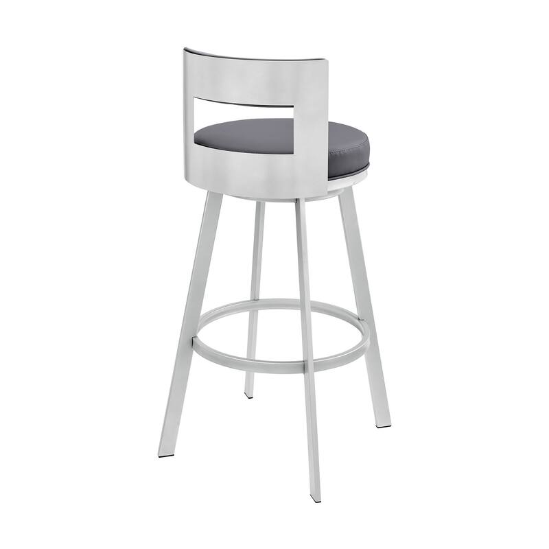 Ami 30 Inch Swivel Barstool Chair, Gray Faux Leather Open Back, Silver Base