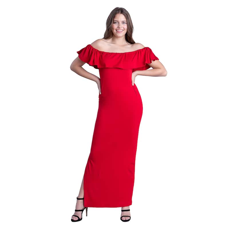24seven Comfort Apparel Off Shoulder Ruffle Detail Maxi Dress - Red - XL