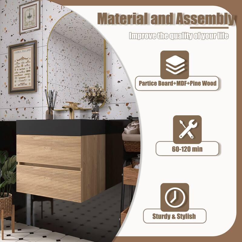 Wall Mounted Bathroom Vanity with Solid Surface Sink and Soft Drawers