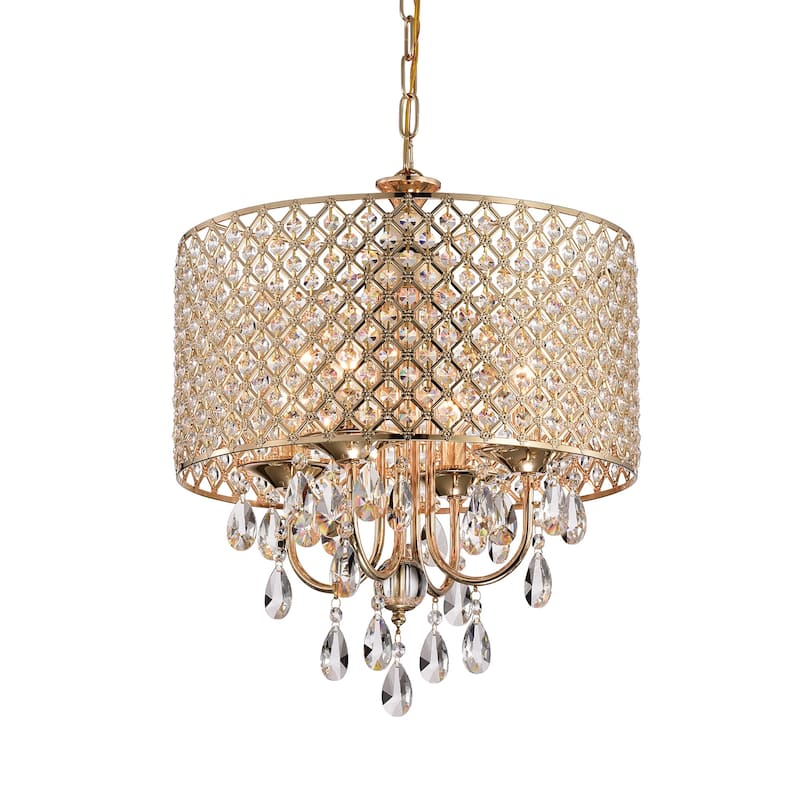 Round Beaded Drum Chandelier with Hanging Crystals - 17" - Rose Gold