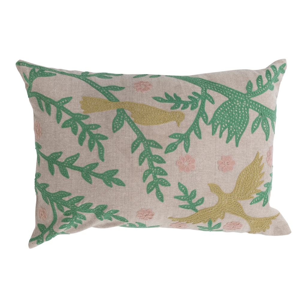 Cotton Chambray Lumbar Pillow with Bird Embroidery