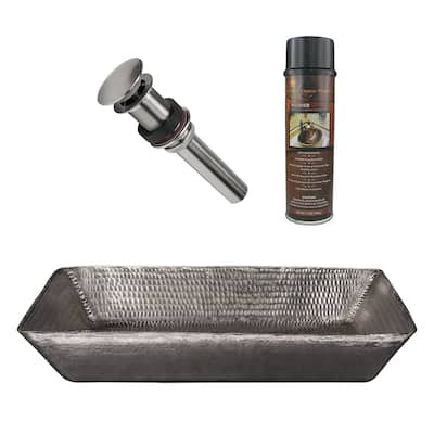 20" Rectangle Vessel Hammered Copper Sink in Nickel, Matching Drain and Accessories