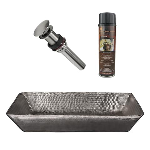 20" Rectangle Vessel Hammered Copper Sink in Nickel, Matching Drain and Accessories