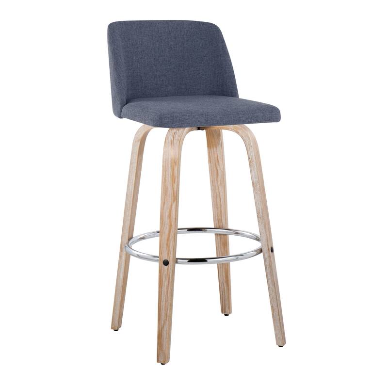 The Gray Barn Vallberga 30" Fixed-Height Bar Stool with White Washed Wood Base (Set of 2) - Blue Fabric/Chrome Round Footrest