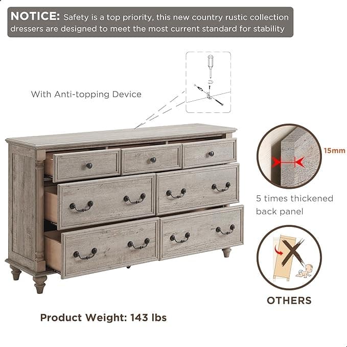 Farmhouse 7 Drawers Dresser Chests, Rustic Wood Chest of Drawers