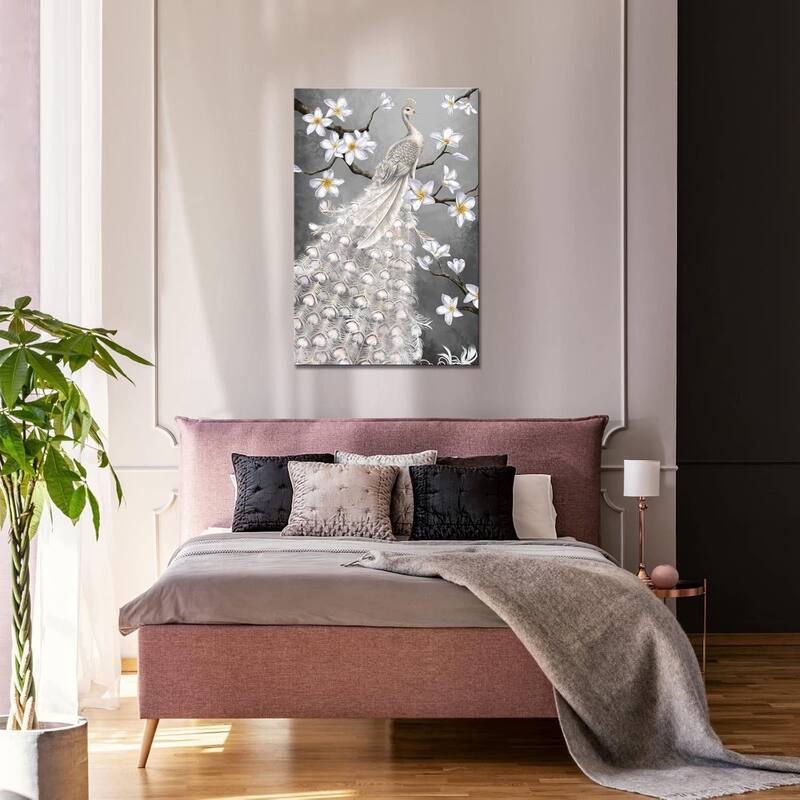 White Peacock Canvas Wall Art Elegant Bird and White Flower Painting