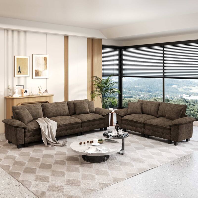 MAISON ARTS 2-Piece Chenille & Corduroy Sofa Set, Comfy 3/4/5-Seater Modular Loveseat & Armchair with Throw Pillows - Brown Chenille(5 Pieces) - Left Facing