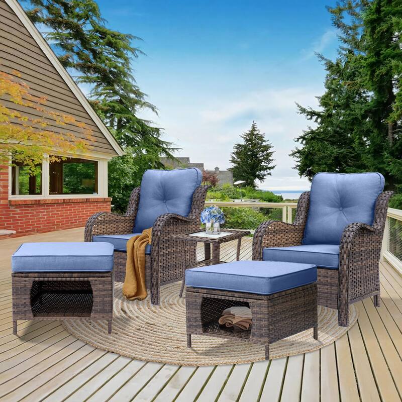 5 Piece Outdoor Wicker Patio Conversation Chair with Ottoman Set - Blue-Brown Rattan