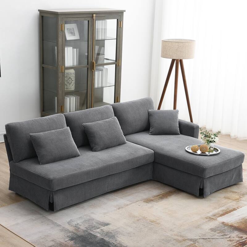 87X61"Modern L-shaped Corduroy Sofa with Reversible Chaise, 4-seat Upholstered Sectional Indoor Furniture for Living Room