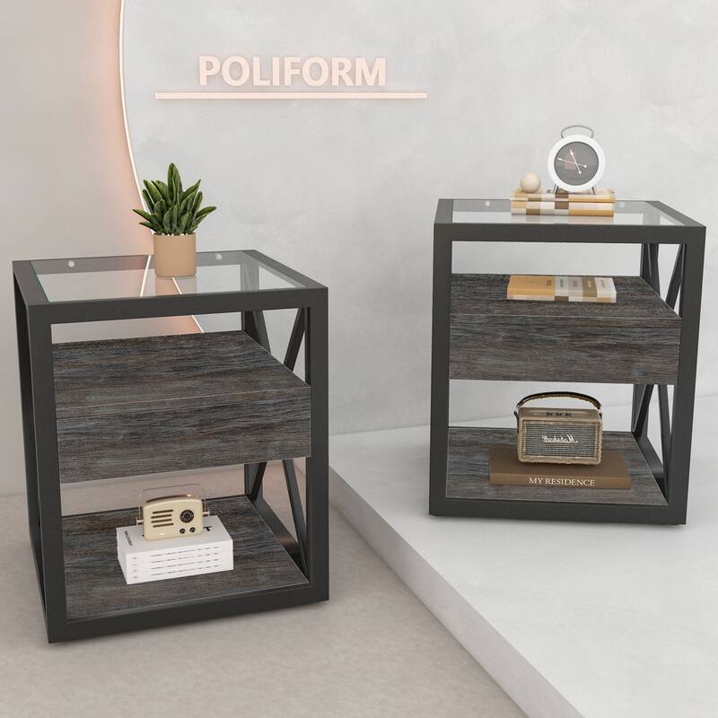 Set of 2 Modern End Table with Drawer - Nightstand for Bedroom & Living Room, Industrial Style Side Table