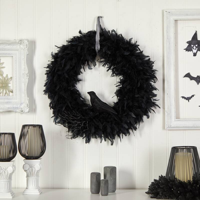 Black Feather with Decorative Raven Halloween Wreath, 30-Inch, Unlit
