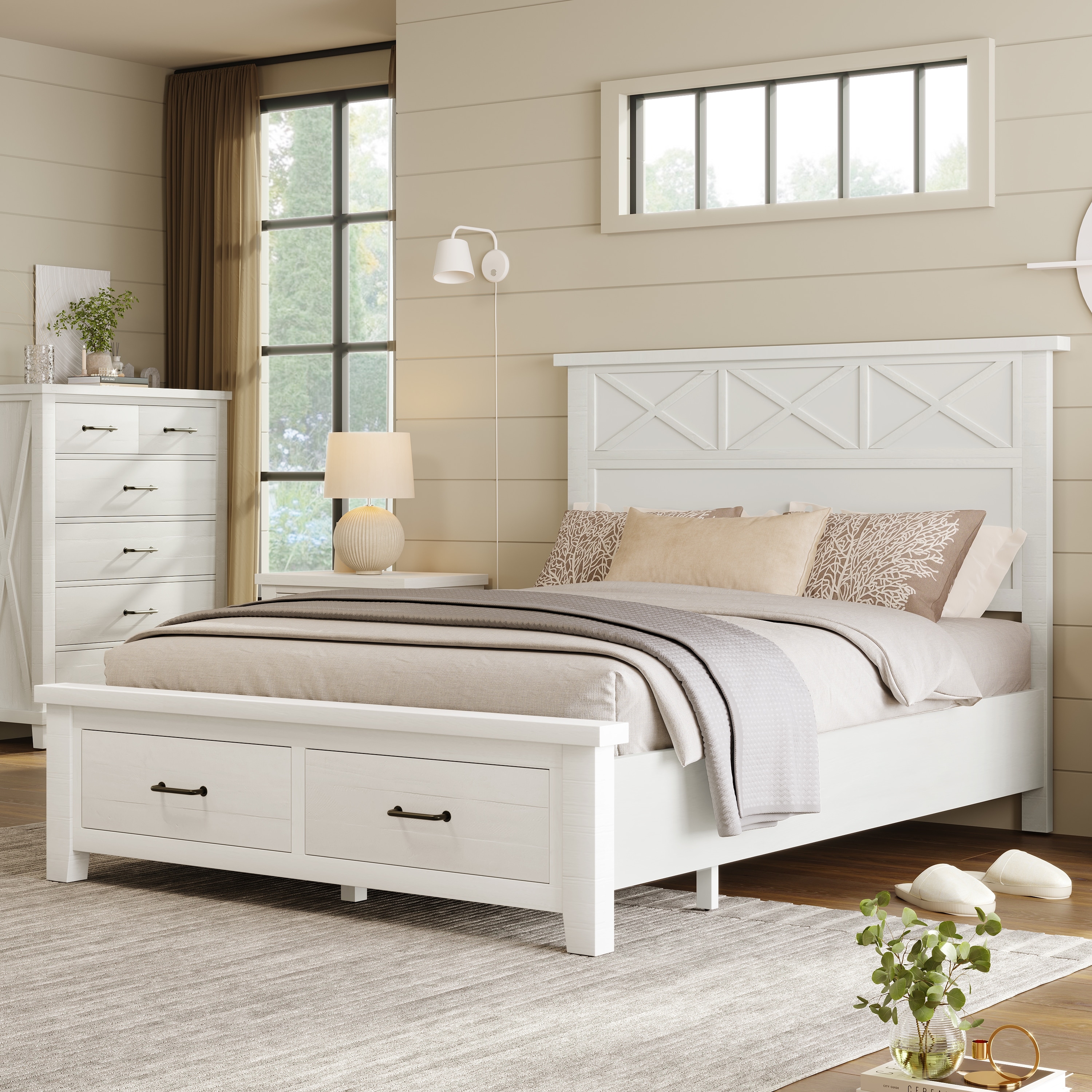 Rustic Farmstyle Queen Size Wooden Platform Bed with Two Storage Drawers  and X Headboard, White, image size:3000x3000