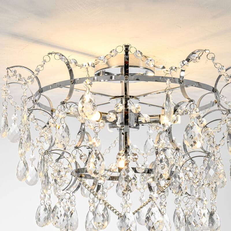 Elegant 4-Light Chrome Semi Flush Mount Ceiling Light with Clear Crystal Raindrop Accents for Living Room or Dining Room