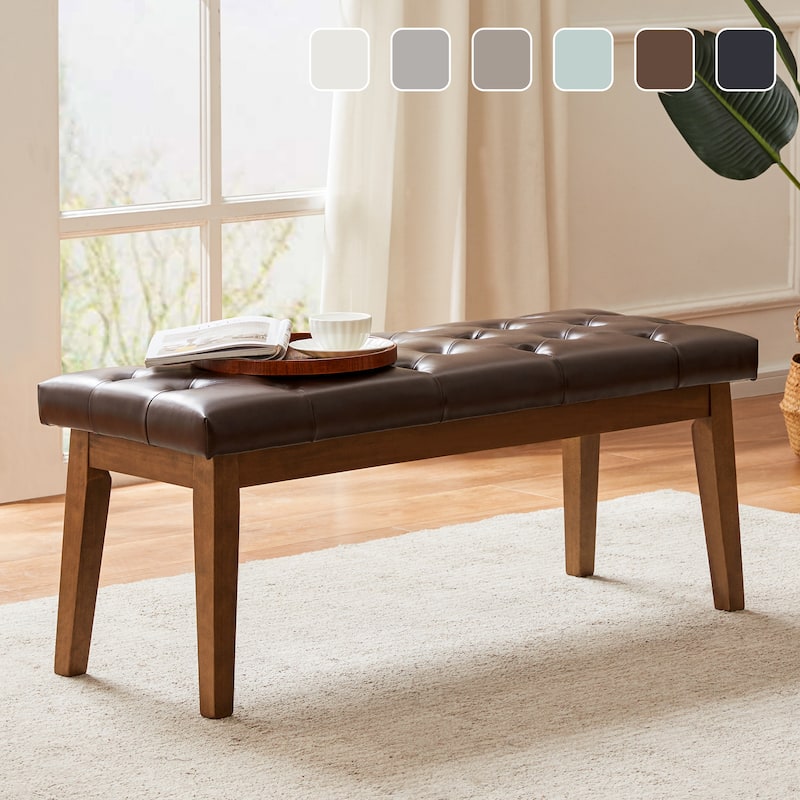 Button-Tufted Bench for End of Bed, Entryway Bench Beige/ Black/ Brown Solid Wood, Leather, Fabric 44-inch