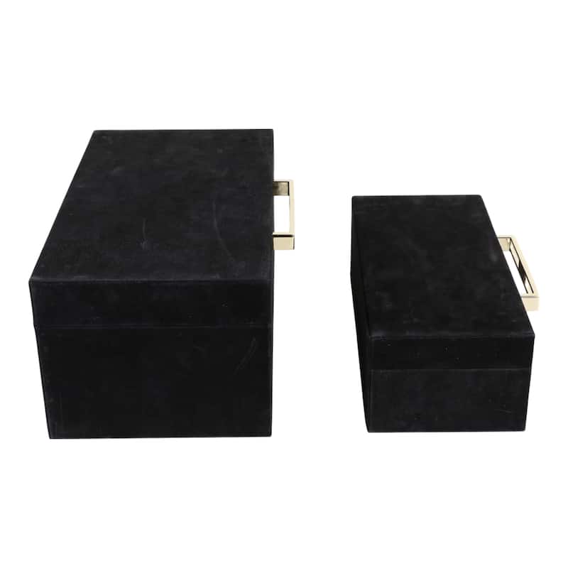 Elegant Suede Box with Lid and Metal Handle - Set of 2, 14",12", Black - 14.0"