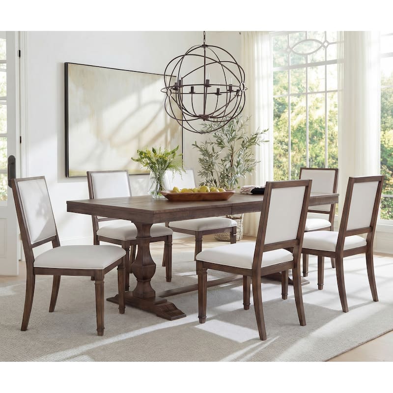 7-pieces Farmhouse Dining Table Set for 6, 74.8" Kitchen Table with Chairs, Solid Wood Legs and Upholstered Back