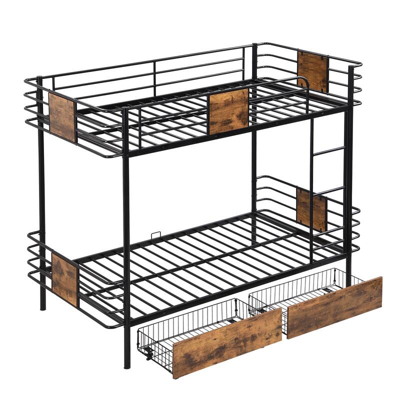 Twin XL Metal Bunk Bed with Storage Drawers and MDF Guardrail, Space-Saving Black Frame