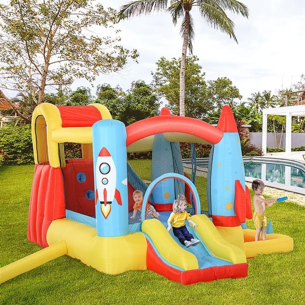 slide 2 of 9, Outsunny 4-in-1 Kids Inflatable Bounce House Jumping Castle with 2 Slides, Climbing Wall, Trampoline, & Water Pool Area Kids