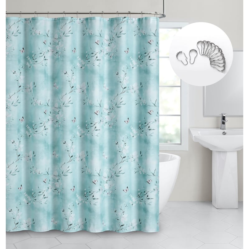 Dainty Home Cascading Florals 3D Textured Fabric Shower Curtain with 12 Metal Rollerball Hooks, 70" x 72"