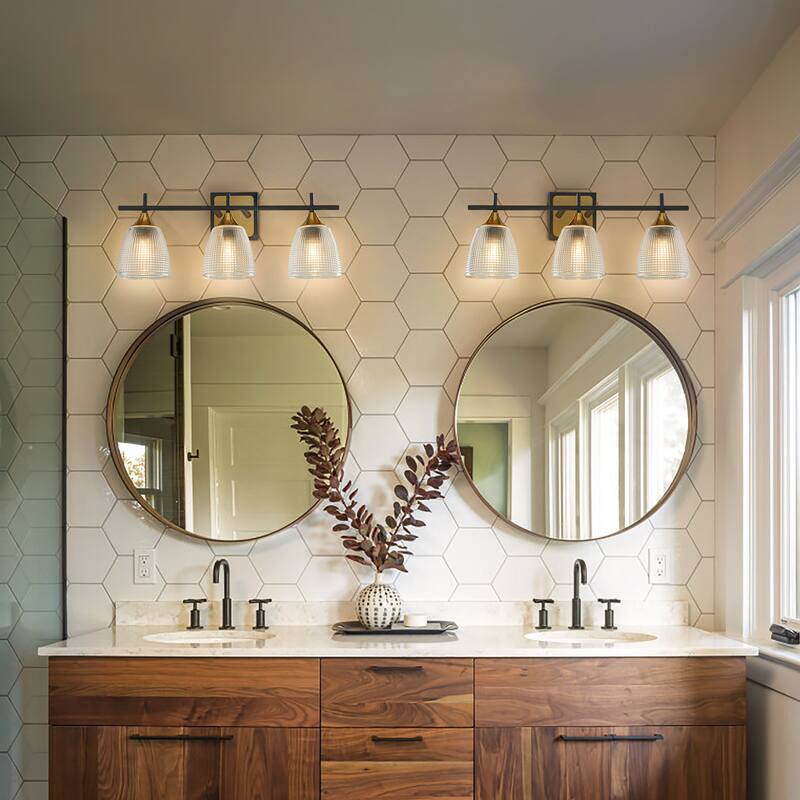 3-Light W21" Contemporary Bathroom Vanity Wall Light in Black and Brass Finish with Dome Shape Clear Textured Glass Shade