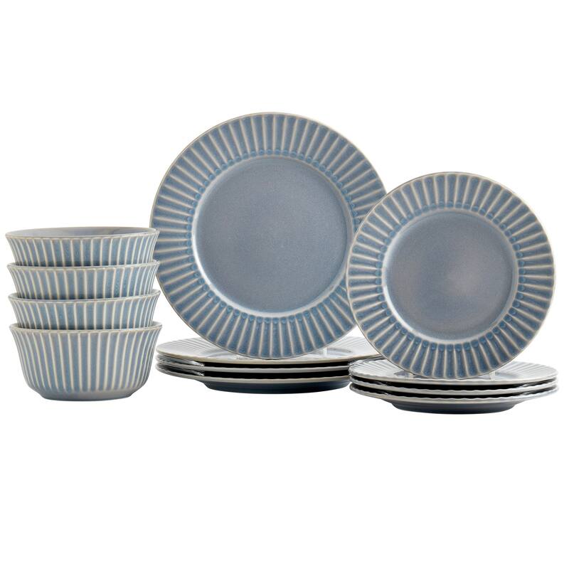 Tabletops Gallery Richmond Collection- 12 Piece Stoneware Embossed Dinnerware Set in Gray