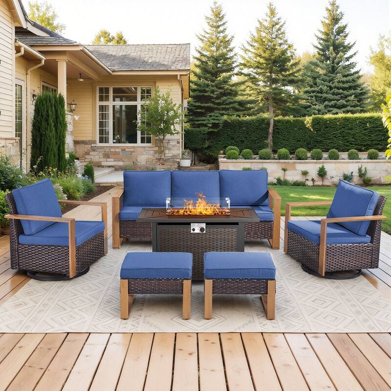 Meyreso Wicker Outdoor Patio Metal Fire Pit Set with Swivel Gliders & 4.5" Olefin Cushions