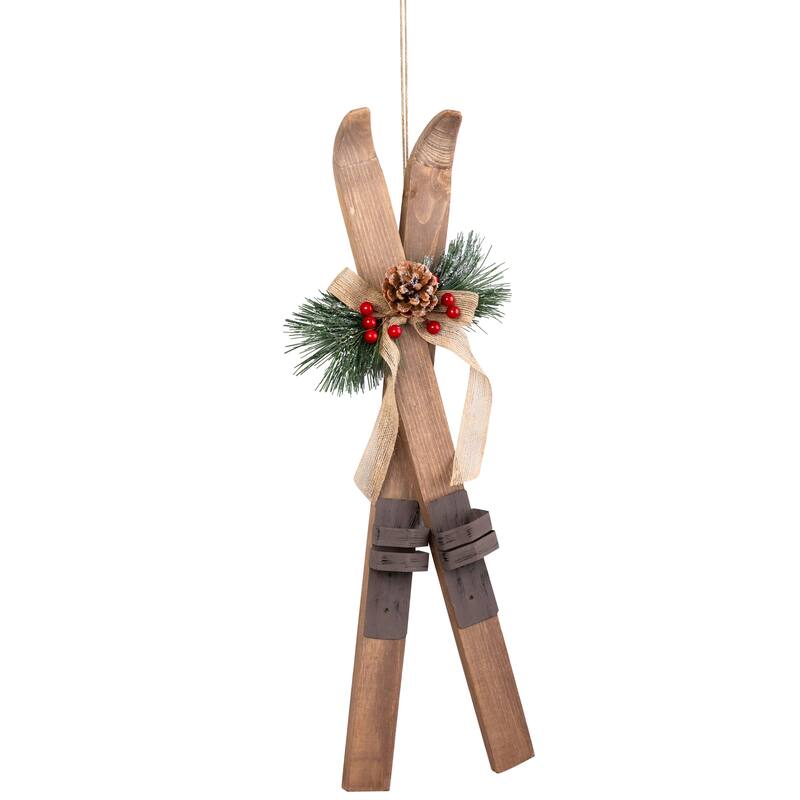 Snow Skis with Burlap Bow Wooden Christmas Decoration - 23.5"