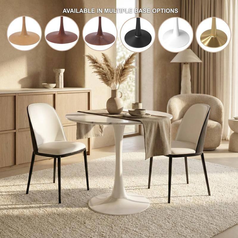 Bristol Modern Round Dining Table with Stain Resistant Solid Wood Top and White Pedestal Base for Home, Cafes and Restaurant