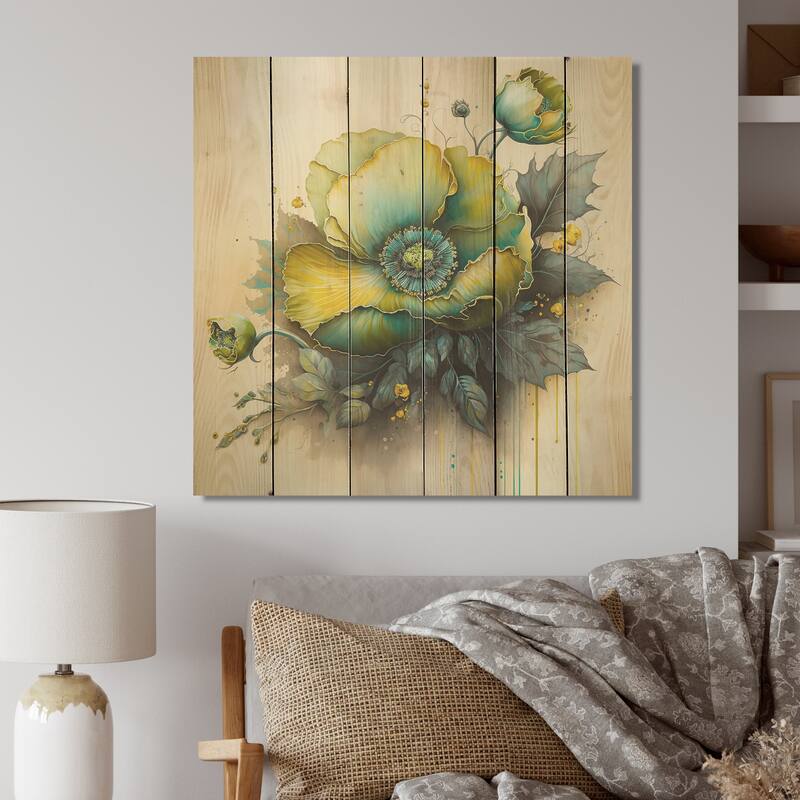 Designart 'Green Blooming Flower II' Floral Wood Wall Art - Natural Pine Wood