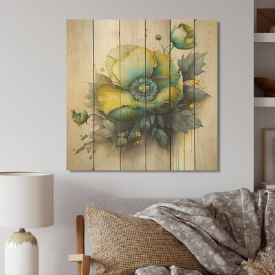 Designart 'Green Blooming Flower II' Floral Wood Wall Art - Natural Pine Wood