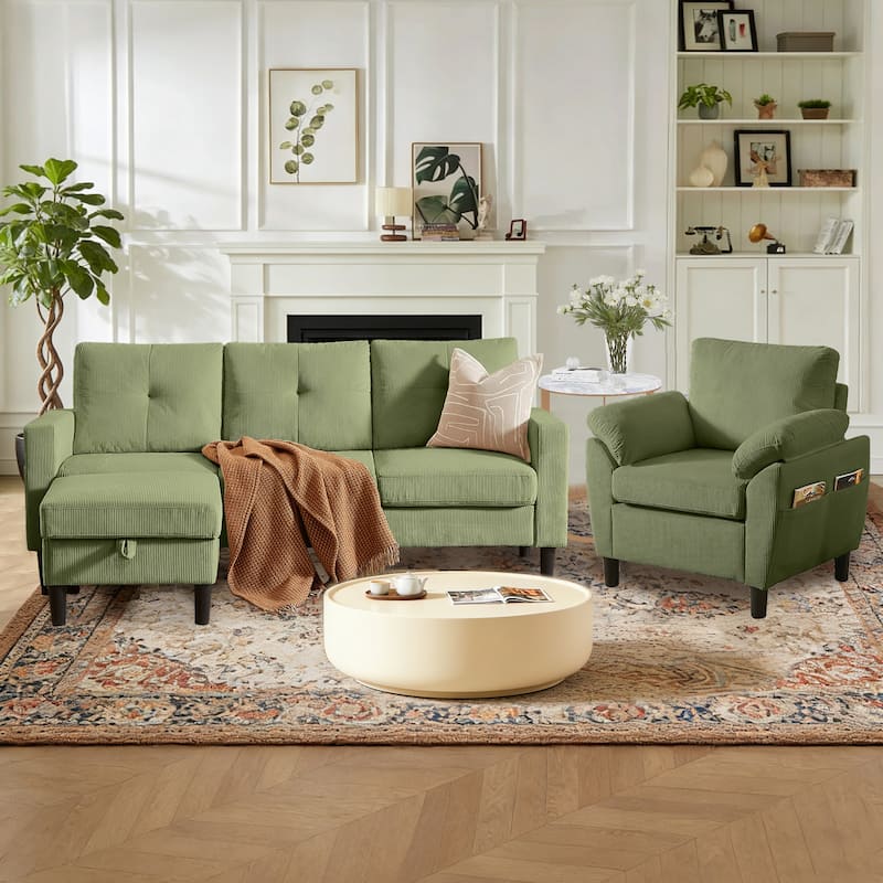 3 Pieces Corduroy Living Room Set with Sofa ,Storage Ottoman and Chair - Green