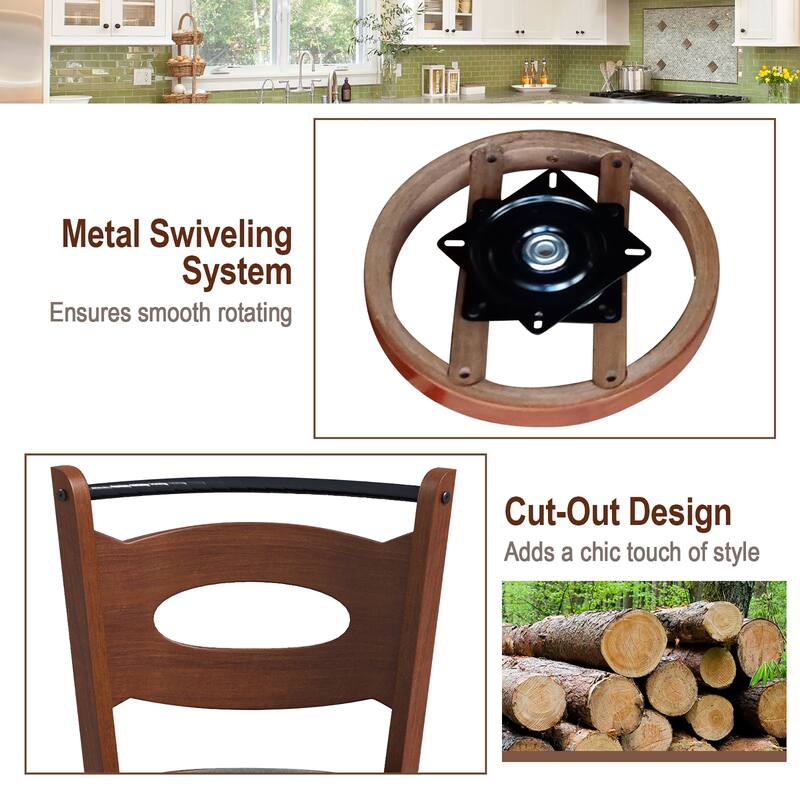 Costway Set of 2 Bar Stools Swivel Dining Chairs Solid Rubber Wood