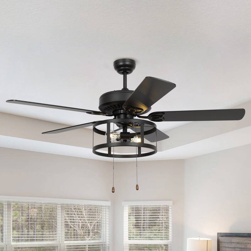 52" Industrial Black 5 Blades Caged Ceiling Fan with Light and Pull Chain