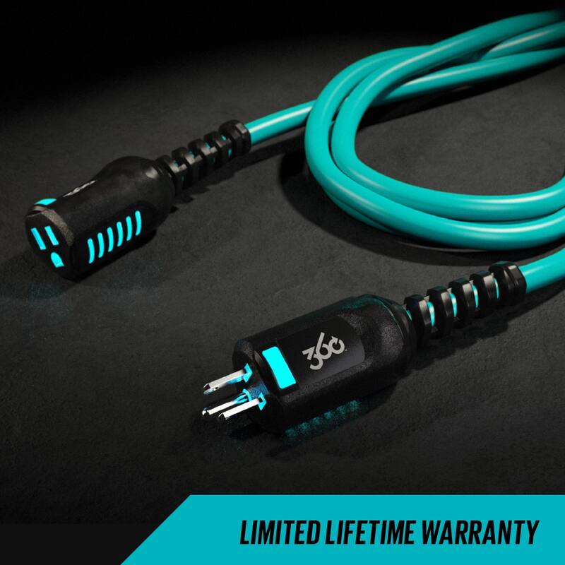 360 Electrical Heavy-Duty 100-ft 12/3 PowerFlex Single Outlet Extension Cord w/ Lighted Heads - Aqua/Grey