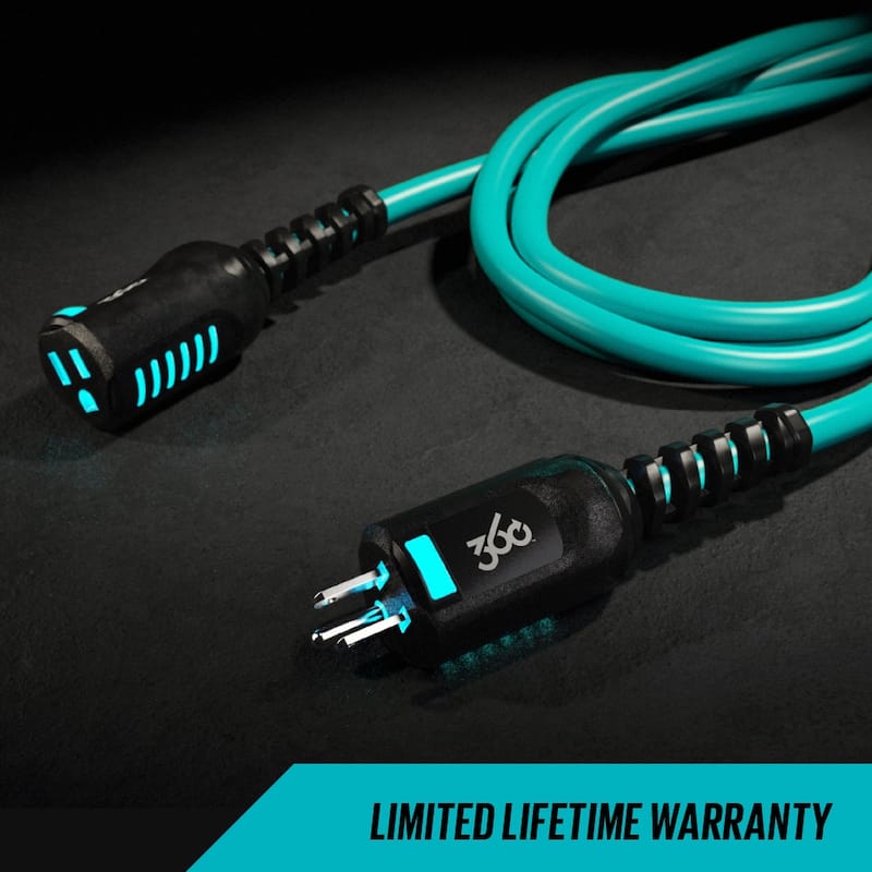 360 Electrical Heavy-Duty 50-ft 14/3 PowerFlex Single Outlet Extension Cord w/ Lighted Heads - Aqua/Grey