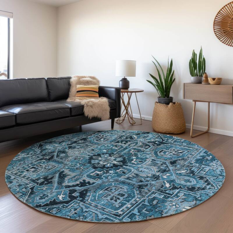 Machine Washable Indoor/ Outdoor Traditional Boho Chantille Rug - Blue - 8' x 8'
