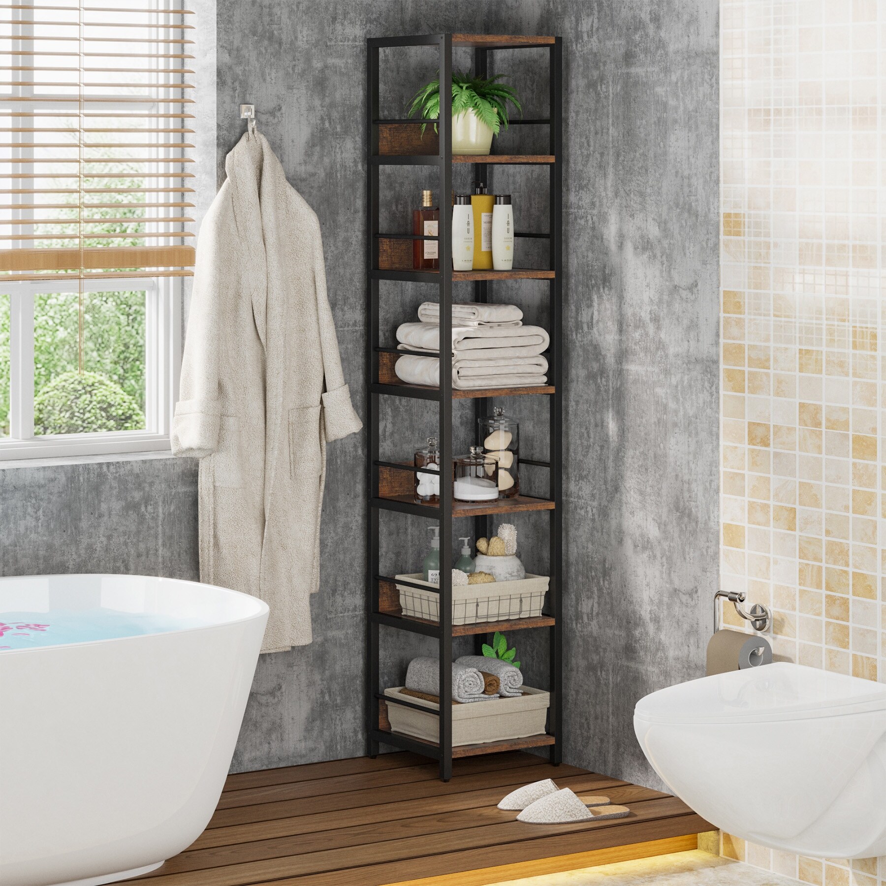 Industrial 75'' Tall Solid Corner Shelves, 6-Tier Narrow Bookshelf