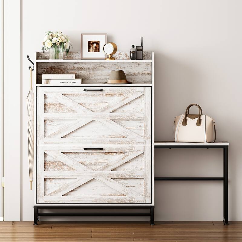 Shoe Cabinet with 2 Flip Drawers & Adjustable Shelves, Large Capacity Storage Cabinet, Shoe Rack with Metal Legs - White
