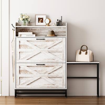 Shoe Cabinet with 2 Flip Drawers & Adjustable Shelves, Large Capacity Storage Cabinet, Shoe Rack with Metal Legs