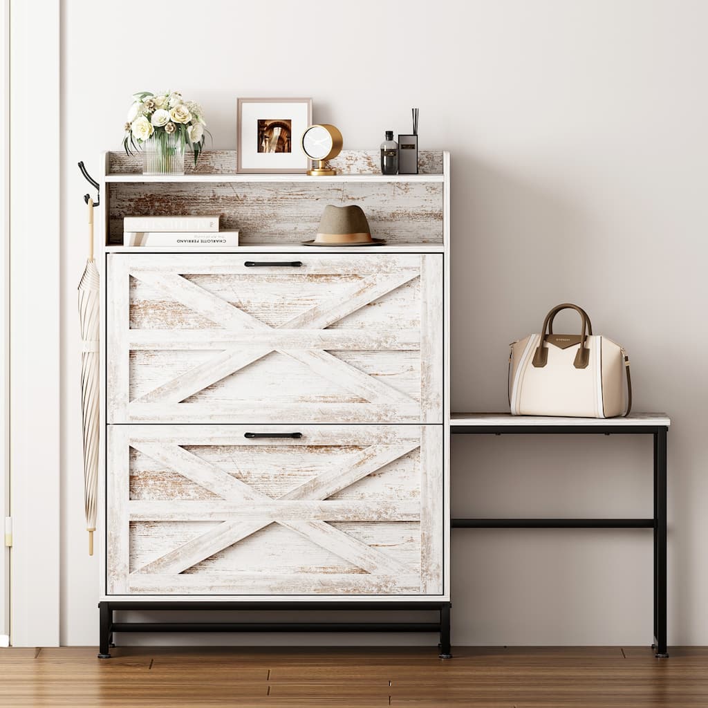 Shoe Cabinet with 2 Flip Drawers & Adjustable Shelves, Large Capacity Storage Cabinet, Shoe Rack with Metal Legs