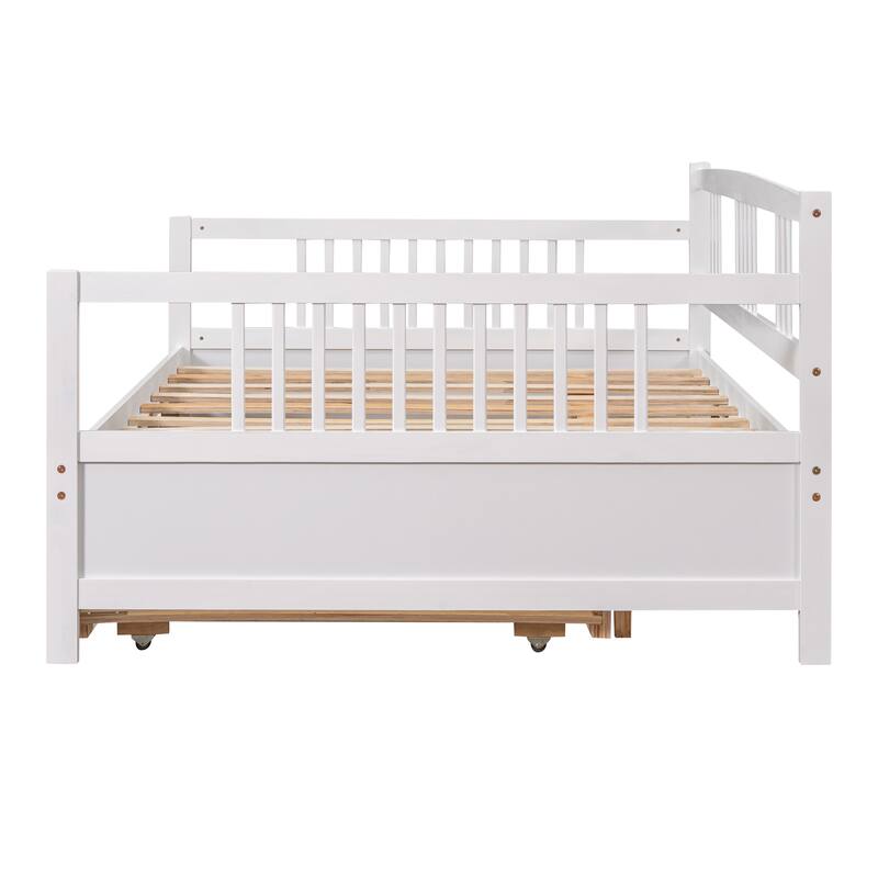 White Full Size Daybed with Twin Trundle, Solid Pine Wood Frame, Multi-Functional Furniture