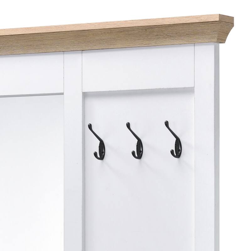 Modern Hall Tree with Full-Length Mirror, Bench, and Open Storage in Light Oak & White Finish