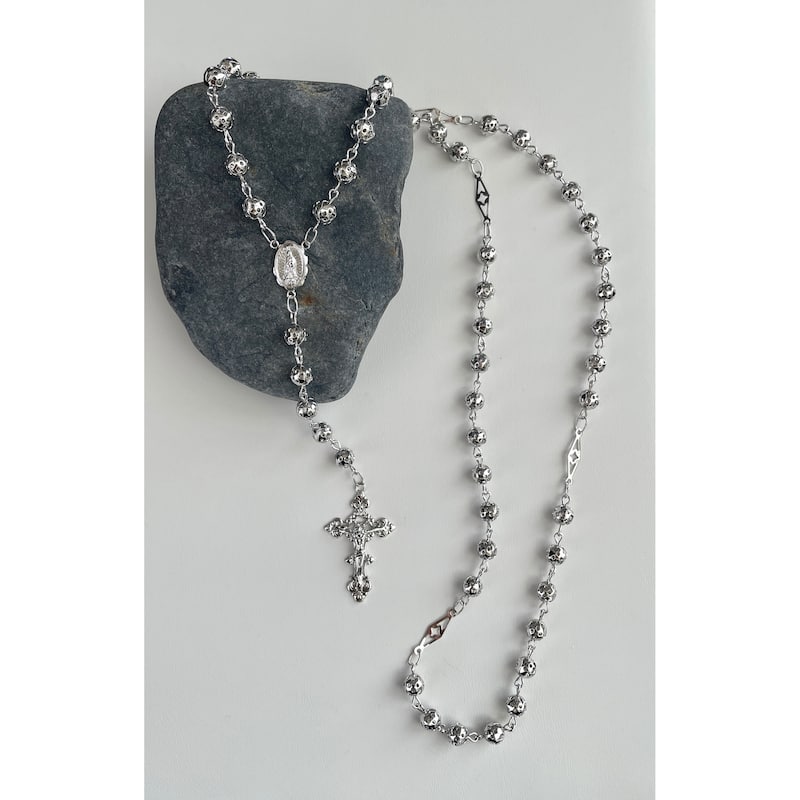 Roberto Martinez Gold or Platinum Plated Silver 6.5 mm Filigree Bead Rosary Necklace