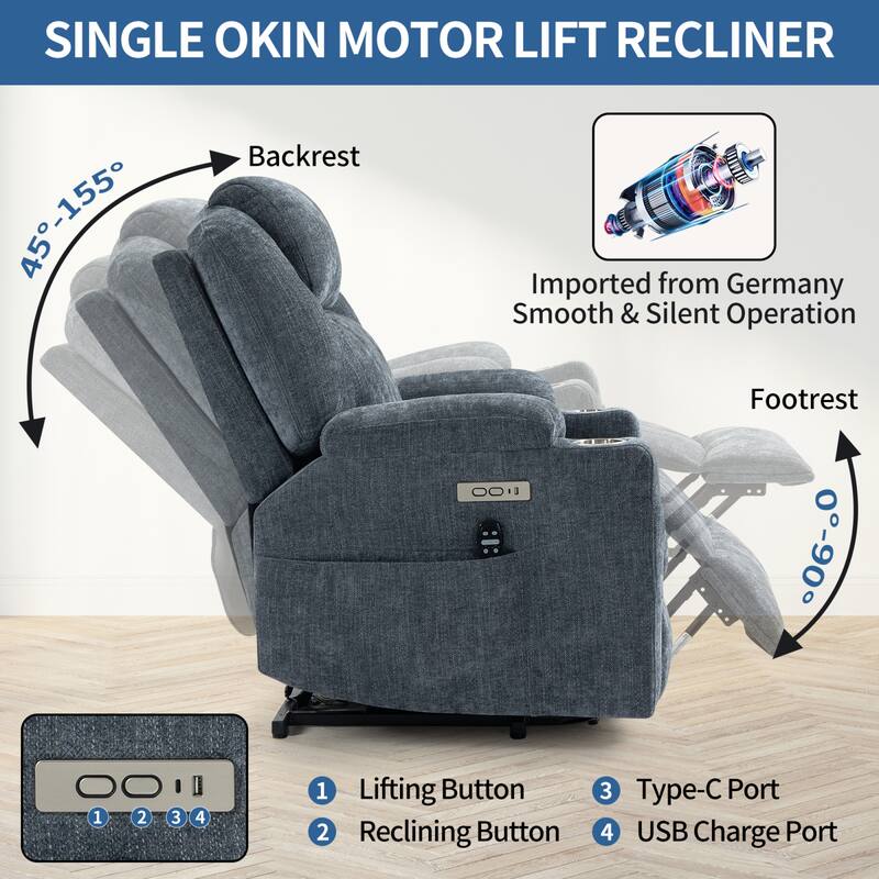 Roomfitters Power Lift Recliner Chair with Heat Massage USB C Charging Ports Heavy Duty Fabric Sofa with Cup Holders, Blue