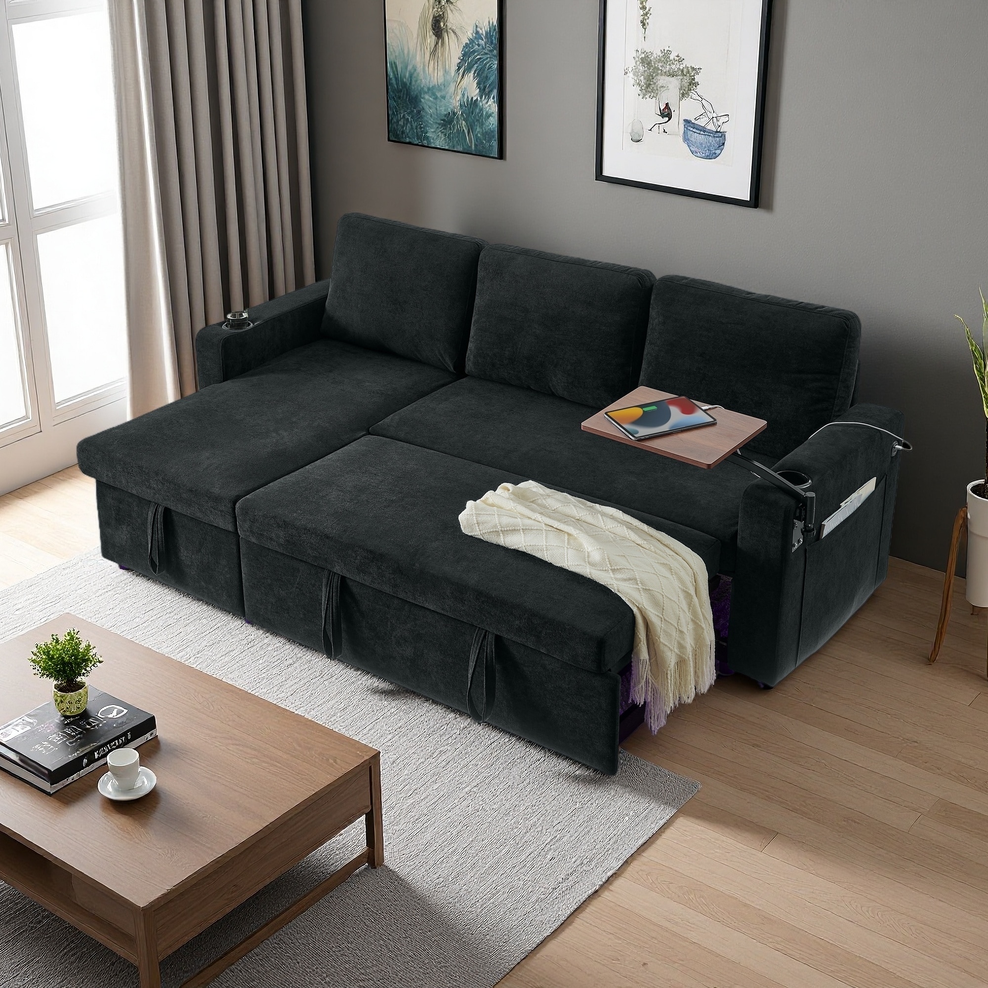 85" Chenille Multi-Functional 3-Seater Sectional Sofa with Pull-Out Bed, Table & LED Lights