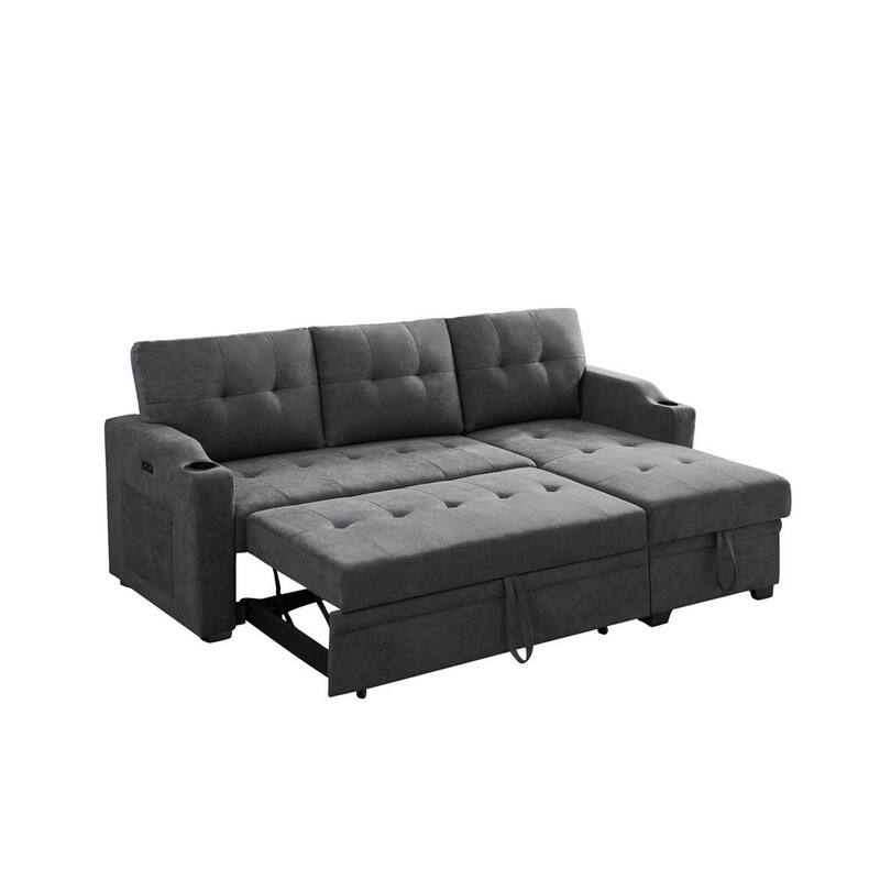 83 Inch L Shape Sectional Sleeper Sofa, Chaise Lounger, Dark Gray Fabric