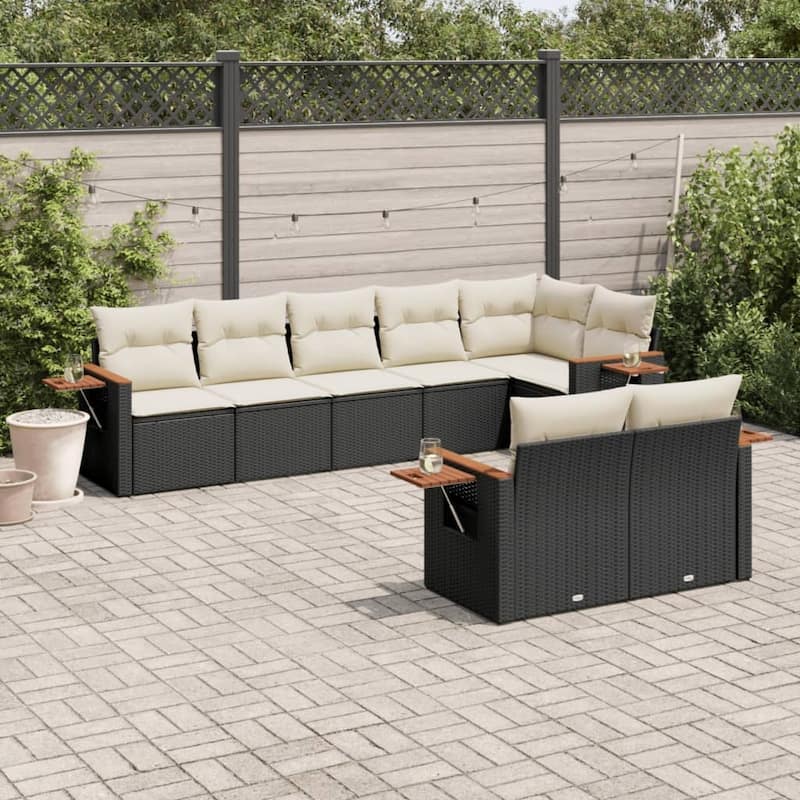 vidaXL Patio Sofa Set with Cushions Outdoor Conversation Furniture Poly Rattan - Black and cream without table - 24.4 x 24.4 x 27.2 in