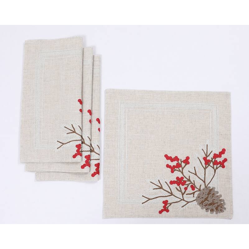 Winter Pinecone & Red Berry Embroidered Placemats - Set of 4