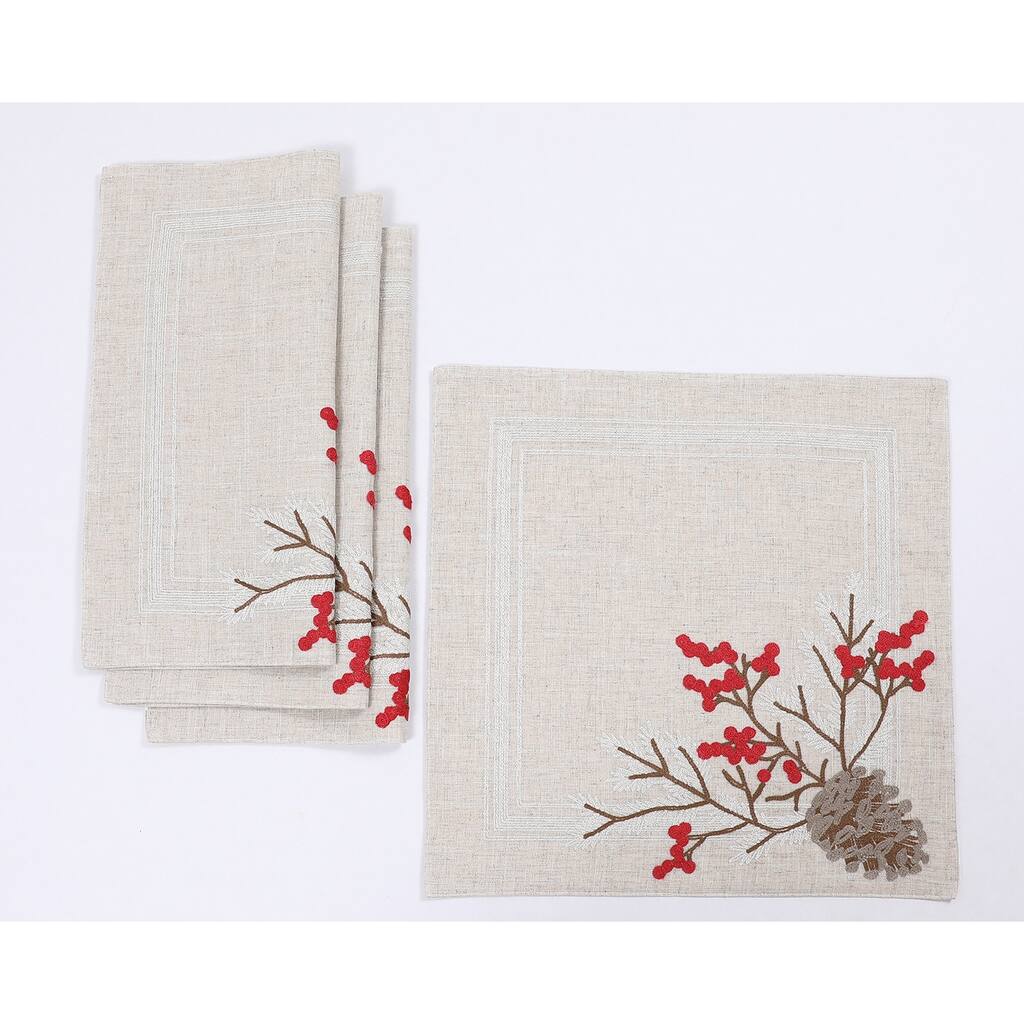 Winter Pinecone & Red Berry Embroidered Placemats - Set of 4