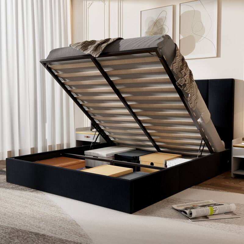 Modern Upholstered Lift-Up Storage Platform Bed with Headboard